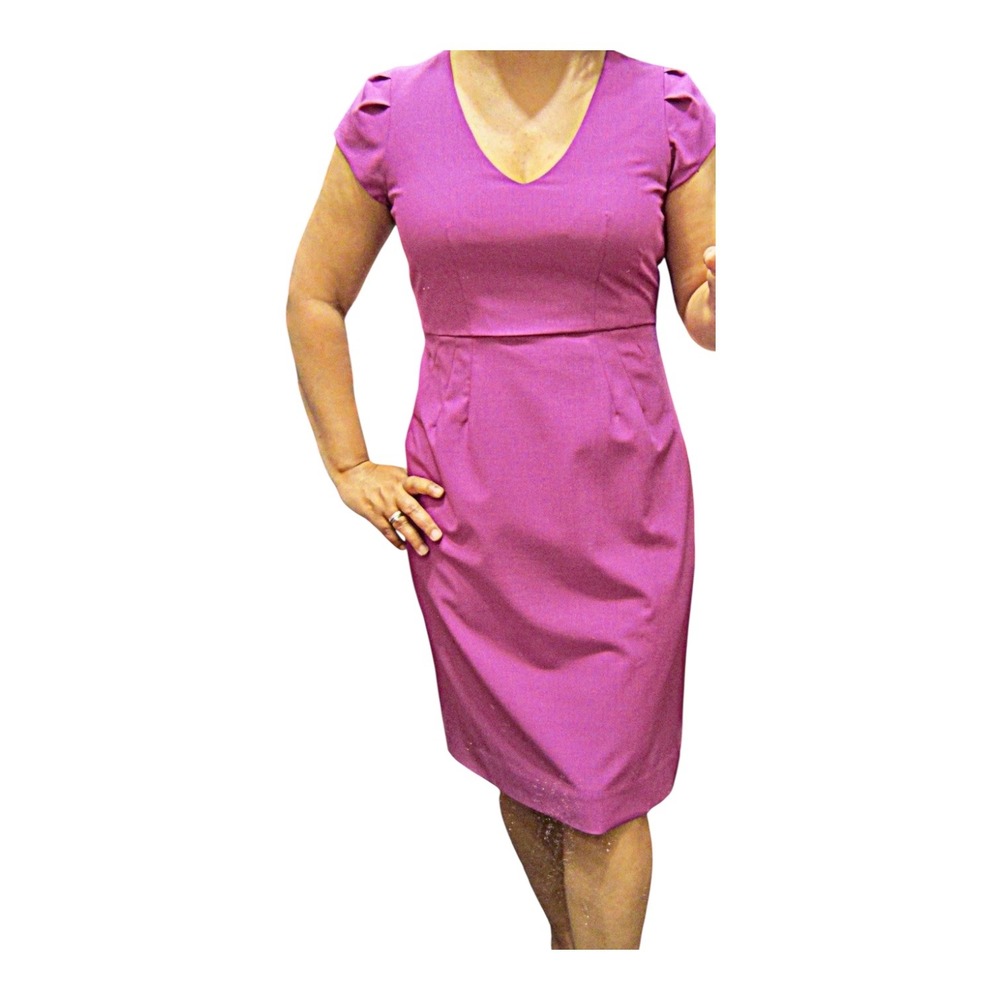 J.Crew Stretch Wool Sheath Dress 6 Fuchsia Pink Cap Sleeve Career Party V-Neck‎
